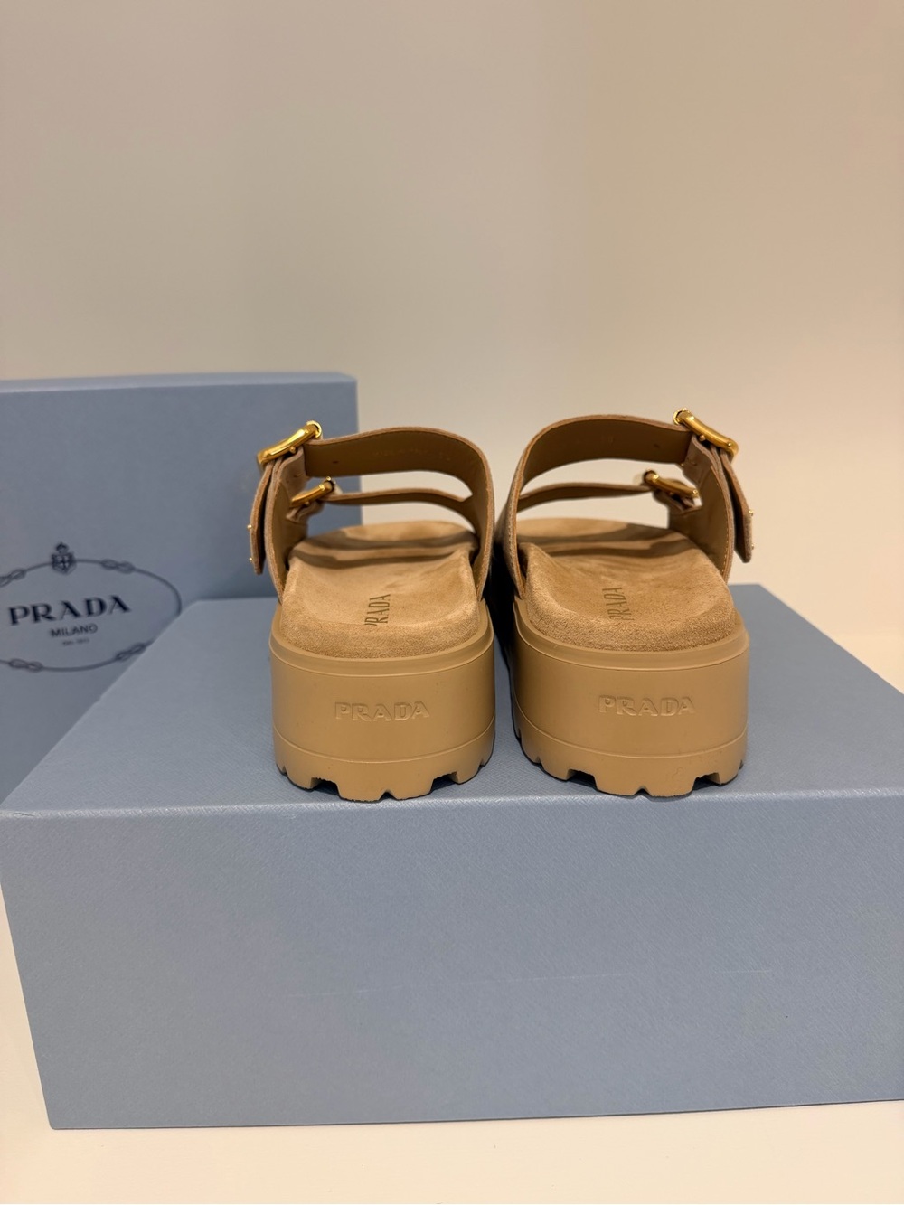 NWT SIZE 38- Prada Tan Suede Dual-Buckle Platform Sandals - Picture 3 of 8